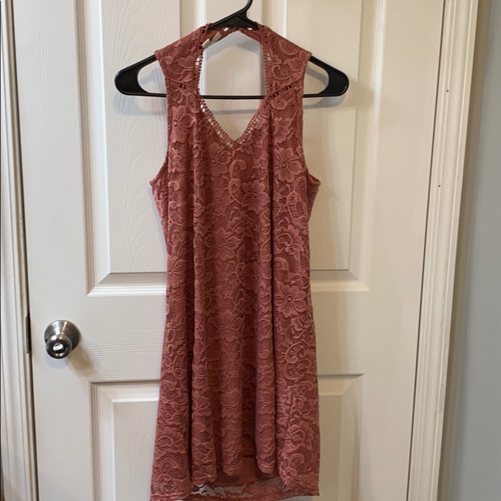 Dusty rose lace dress.